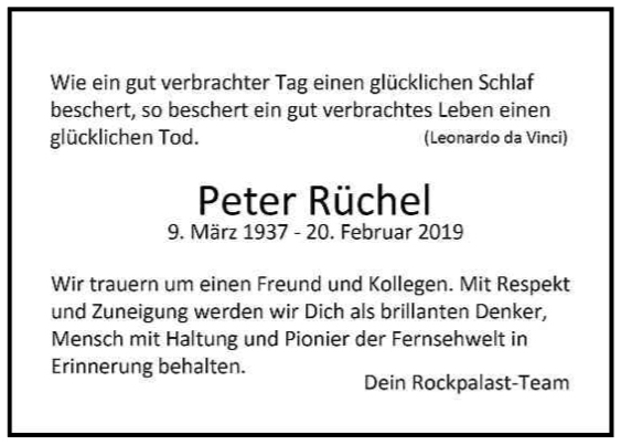 Traueranzeige Peter Rchel Klner Stadtanzeiger